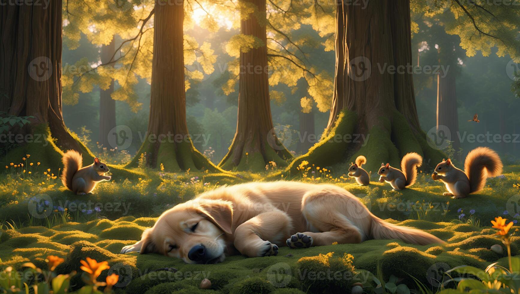 Dog Sleeping Peacefully in Forest with Squirrels on Mossy Ground photo