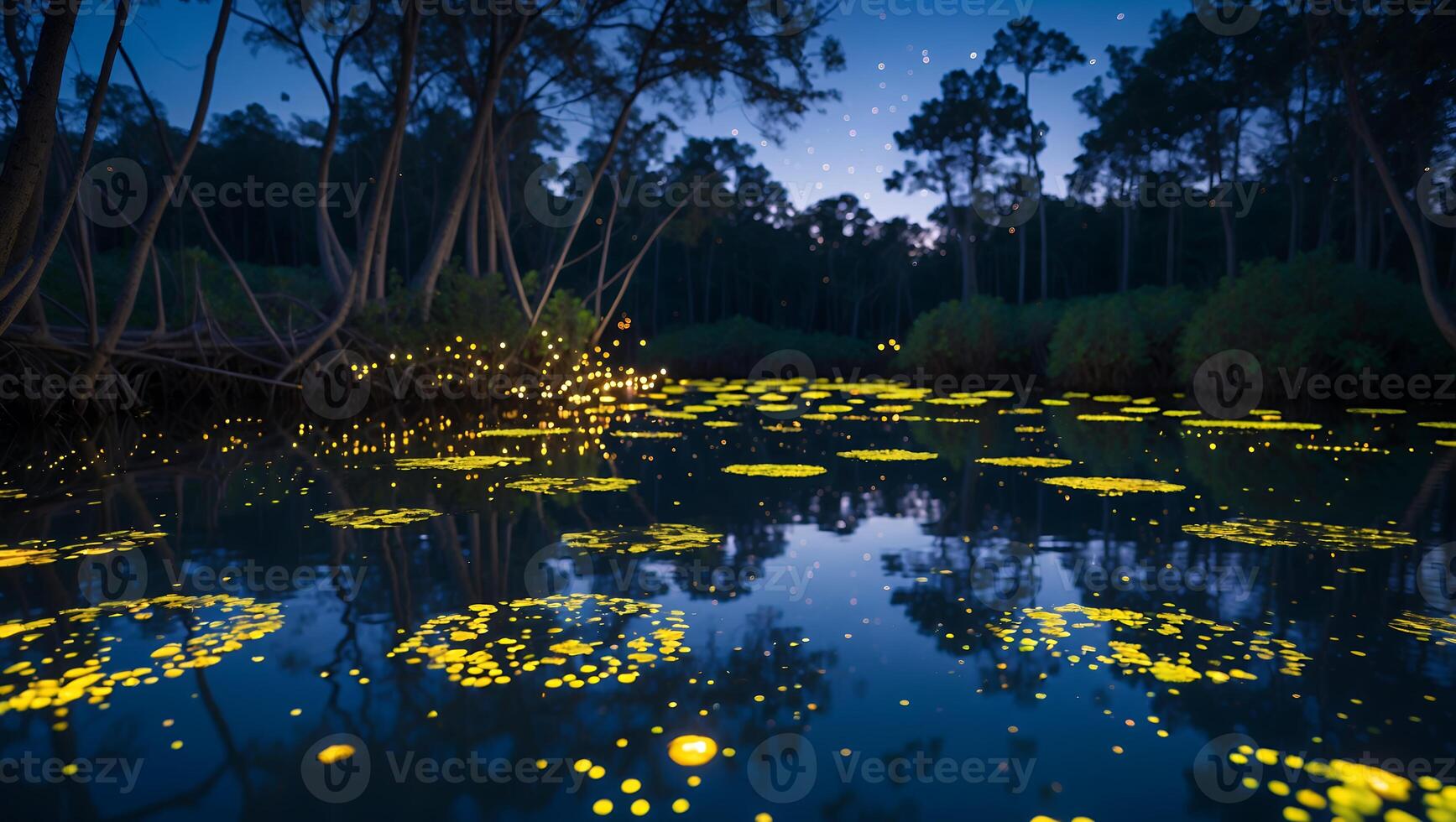 Glowing Lights Reflecting in Dark Forest River at Night photo
