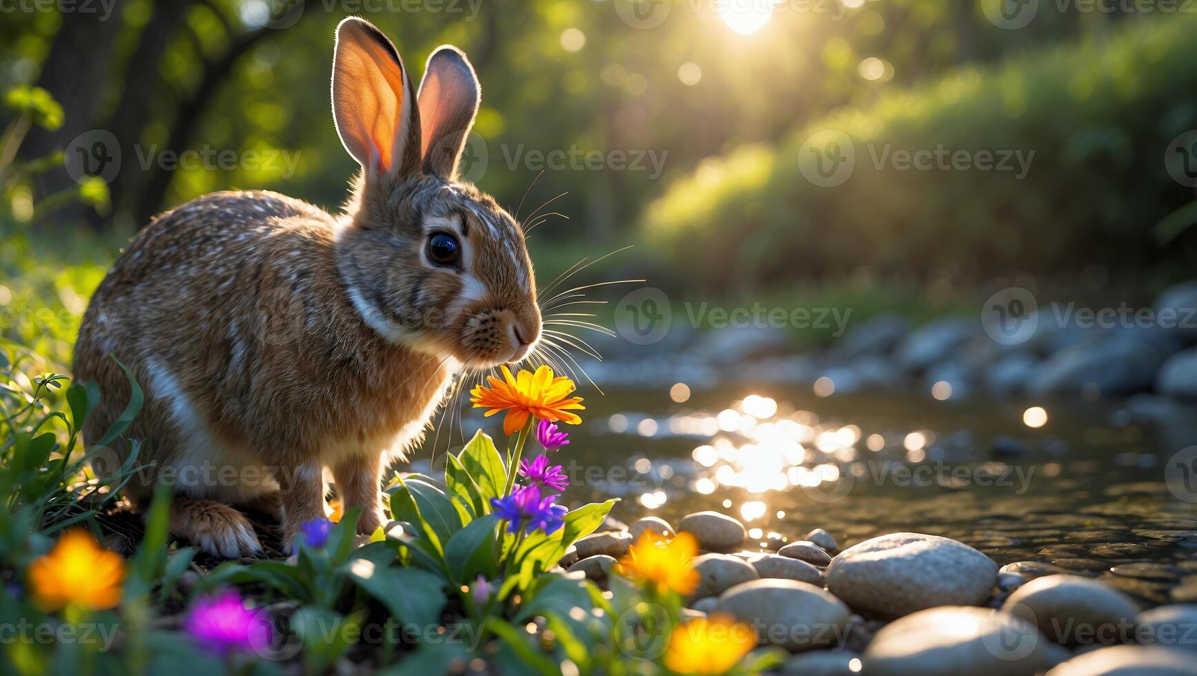 Rabbit Enjoying Colorful Flowers by Stream with Golden Sunlight Glow photo