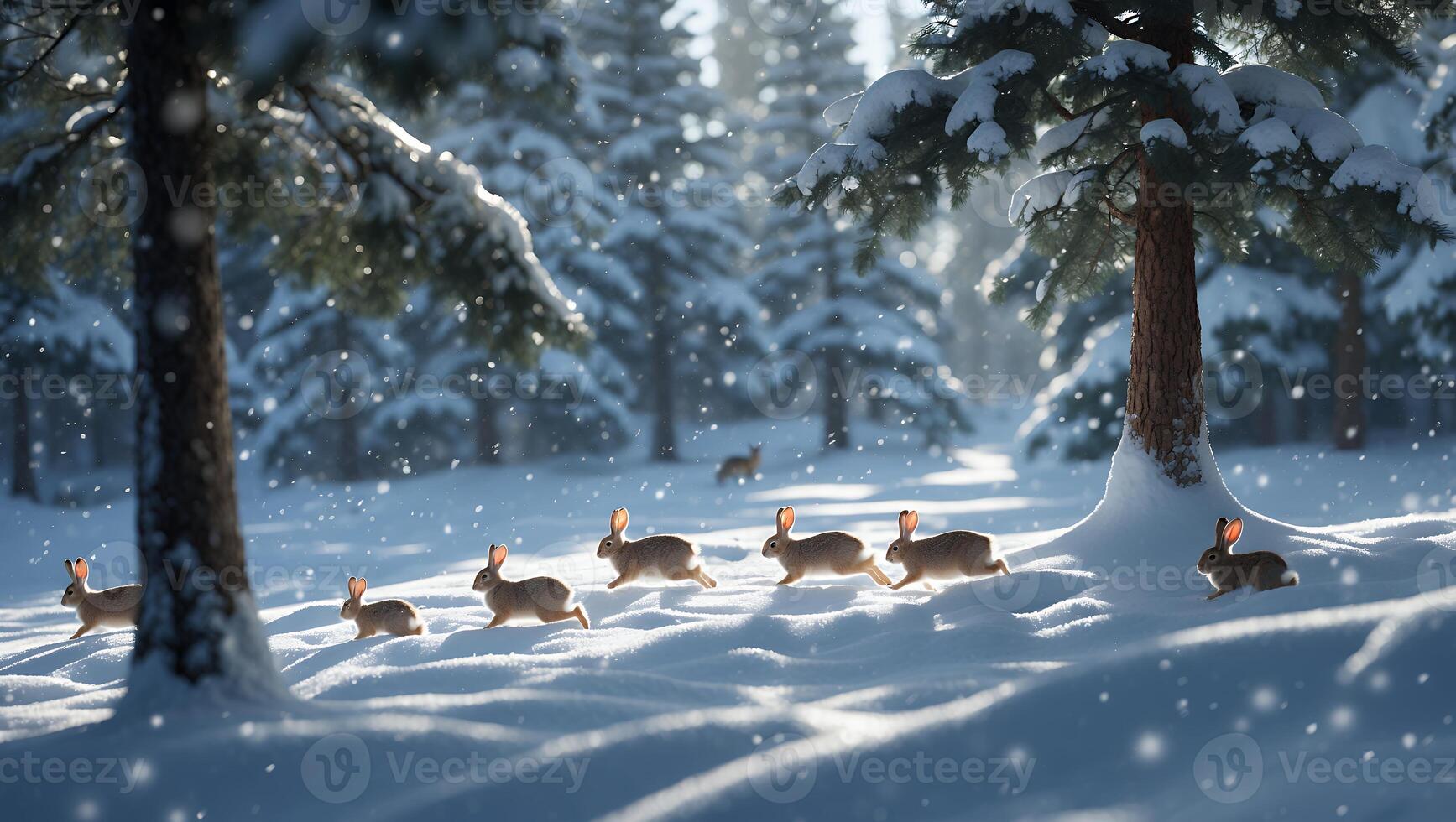 Hare Family Running Through Snowy Winter Forest During a Snowfall photo