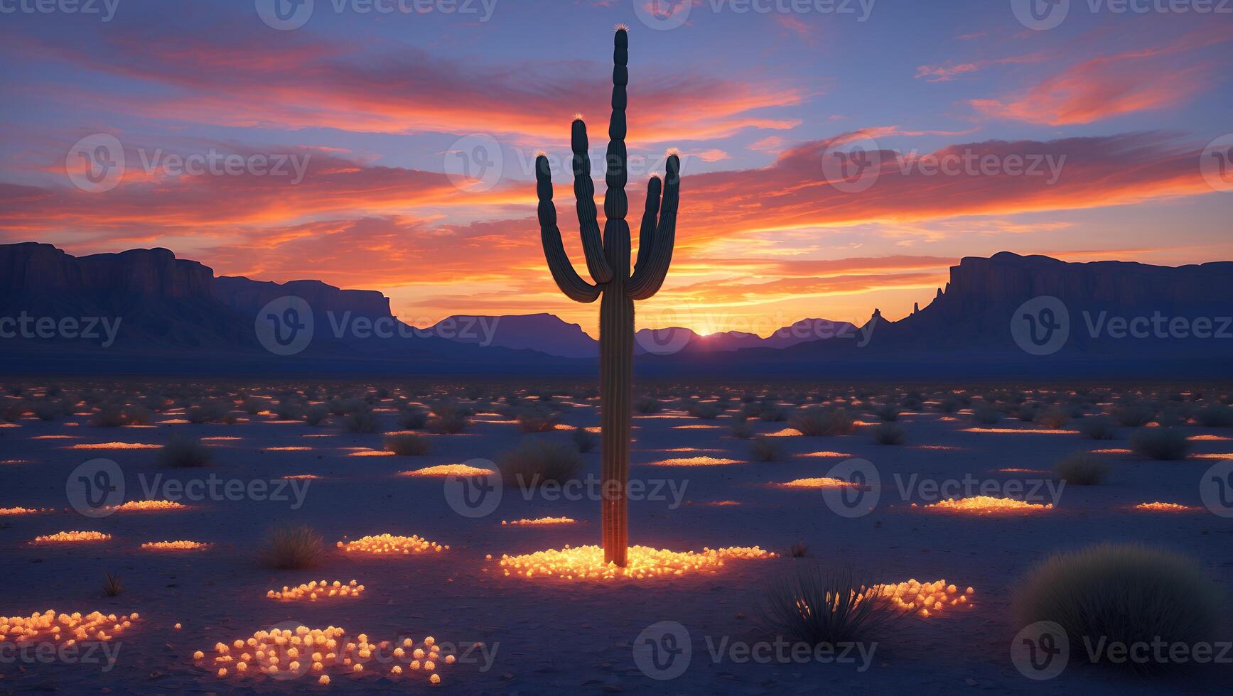 Cactus Standing Tall in Desert Landscape at Sunset with Orange Sky photo