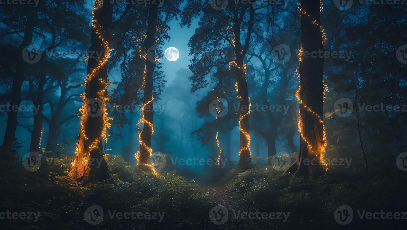 Mystical Forest with Glowing Lights and Moonlit Sky in Night photo