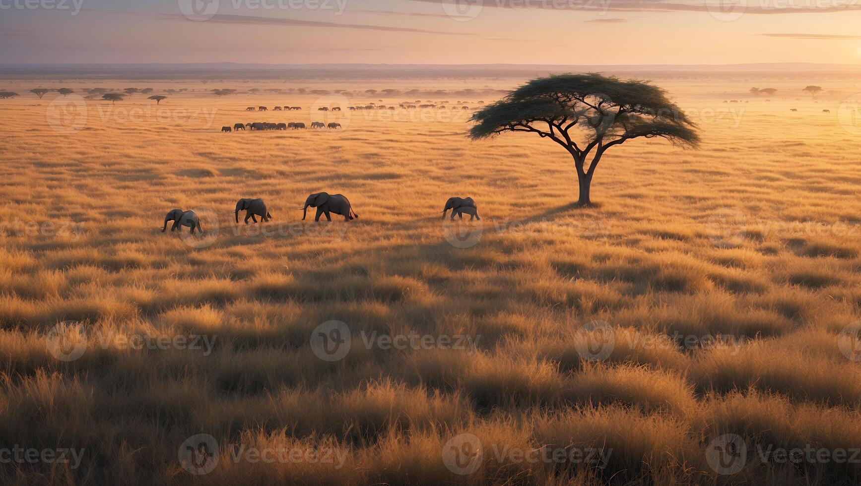 Elephants Walking Across African Savannah at Sunrise with Lone Tree photo