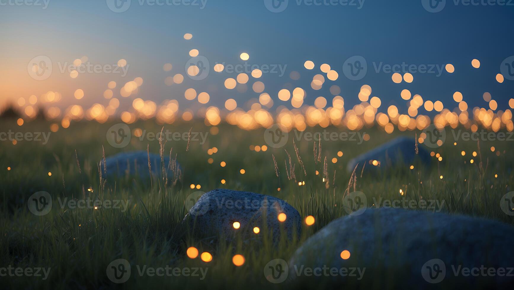 Glowing Lights Over Grassy Field with Rocks at Twilight Scenery photo