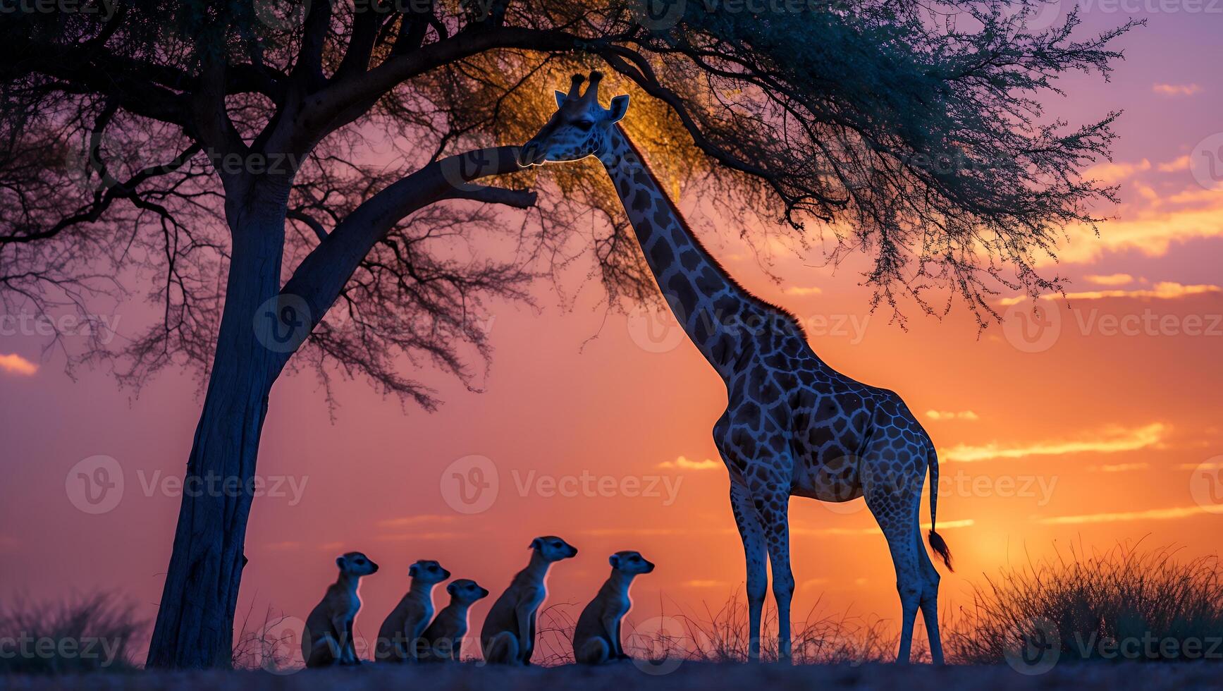 Giraffe and Meerkats Watching Sunset Under Tree in African Savannah photo