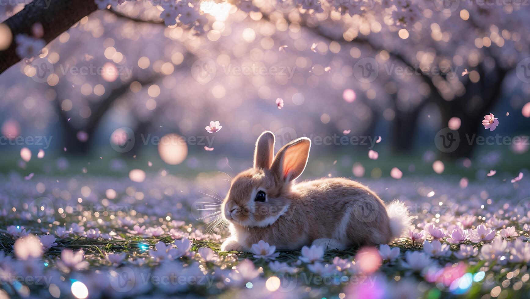 Rabbit Resting in Field of Cherry Blossoms with Petals Falling photo