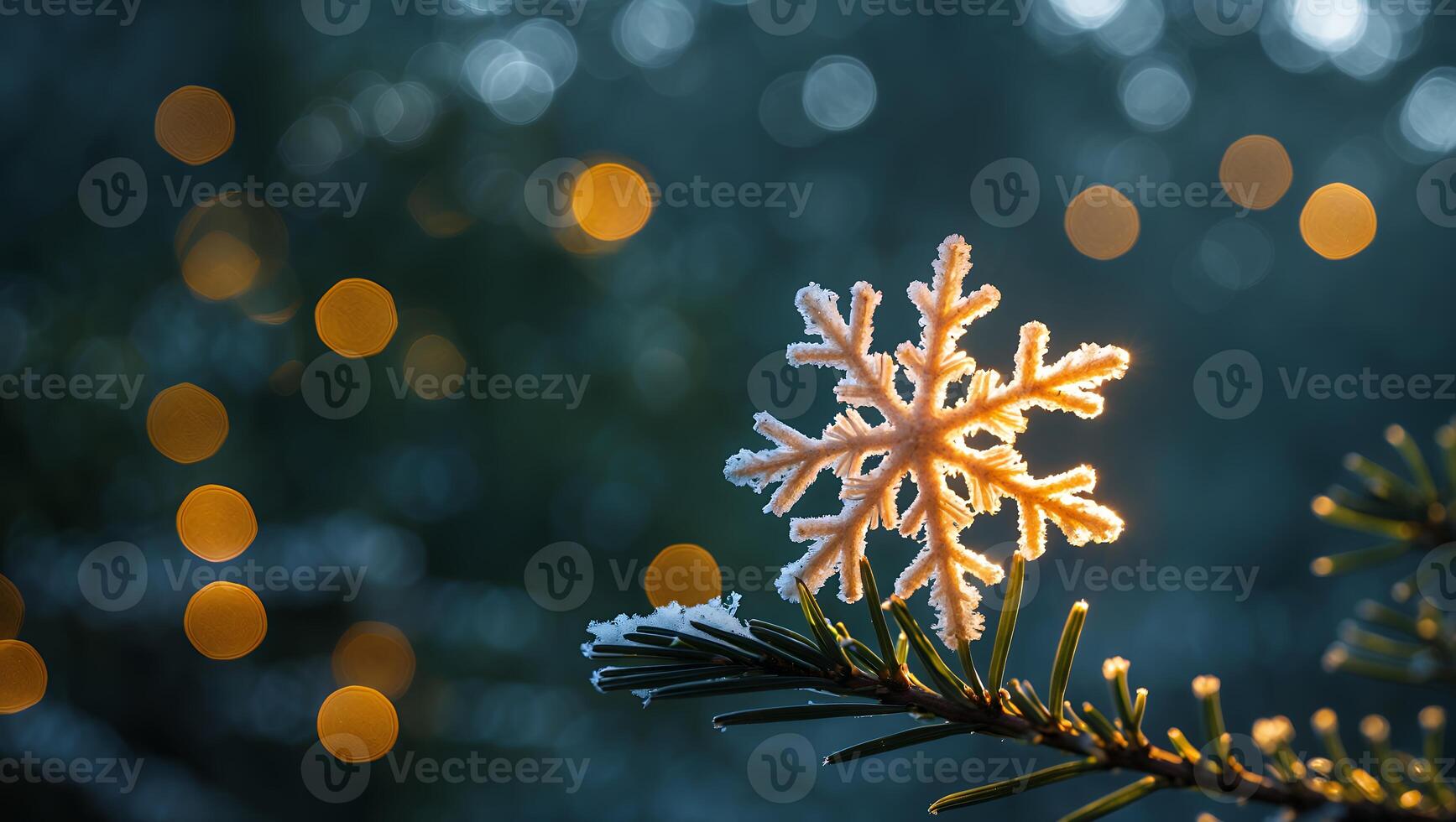 Snowflake Ornament on Evergreen Branch with Defocused Lights Background photo