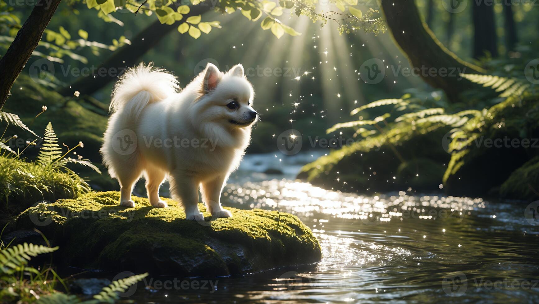 Dog Standing by Stream in Forest with Sunlight Streaming Through photo