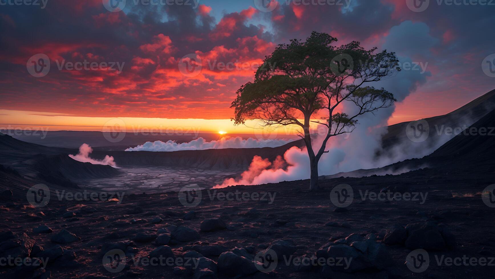 Tree at Volcanic Landscape with Red Sky and Steam at Sunset photo