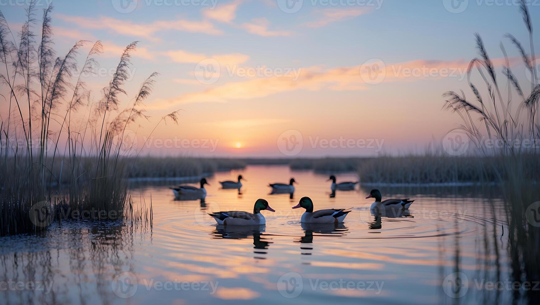Ducks Swimming in Calm Water at Sunset with Grass and Reflection photo