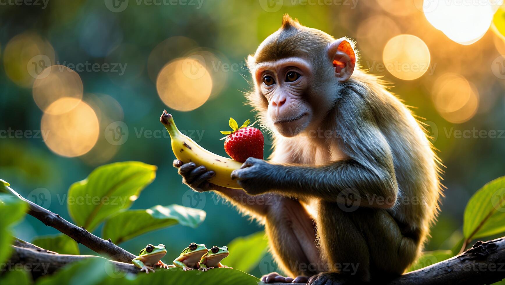 Monkey Holding Fruit with Frogs on Branch in Lush Setting photo