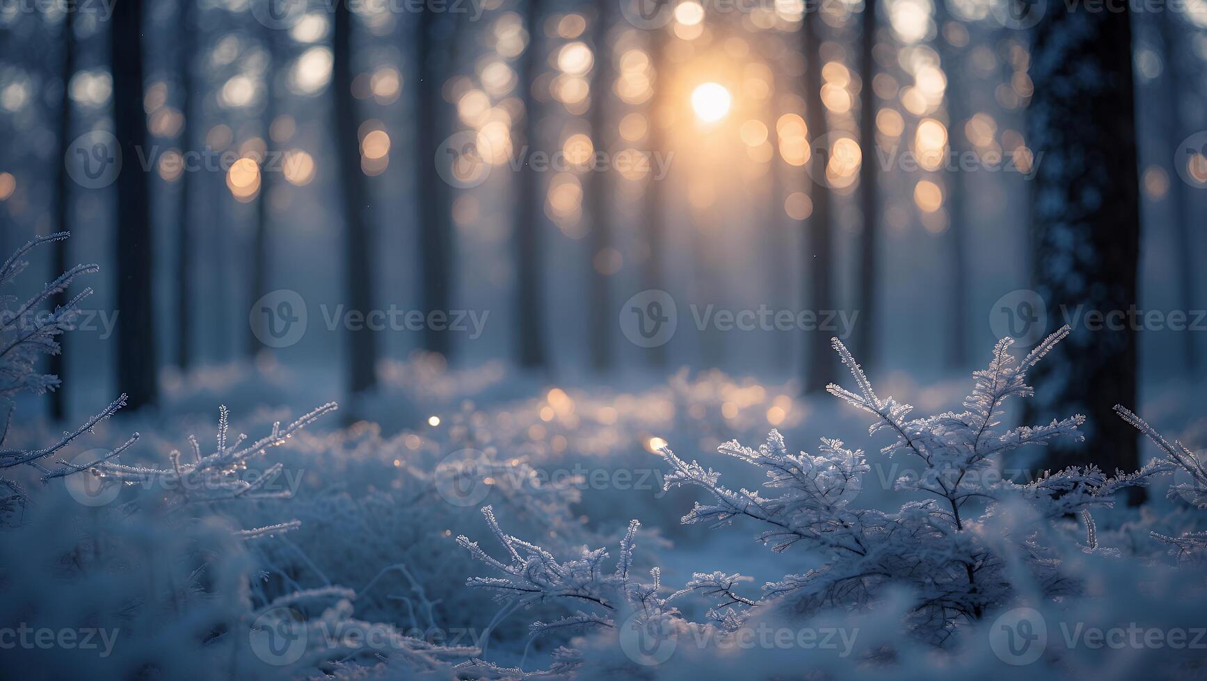 Snowy Forest at Sunrise with Trees and Frost-covered Ground photo