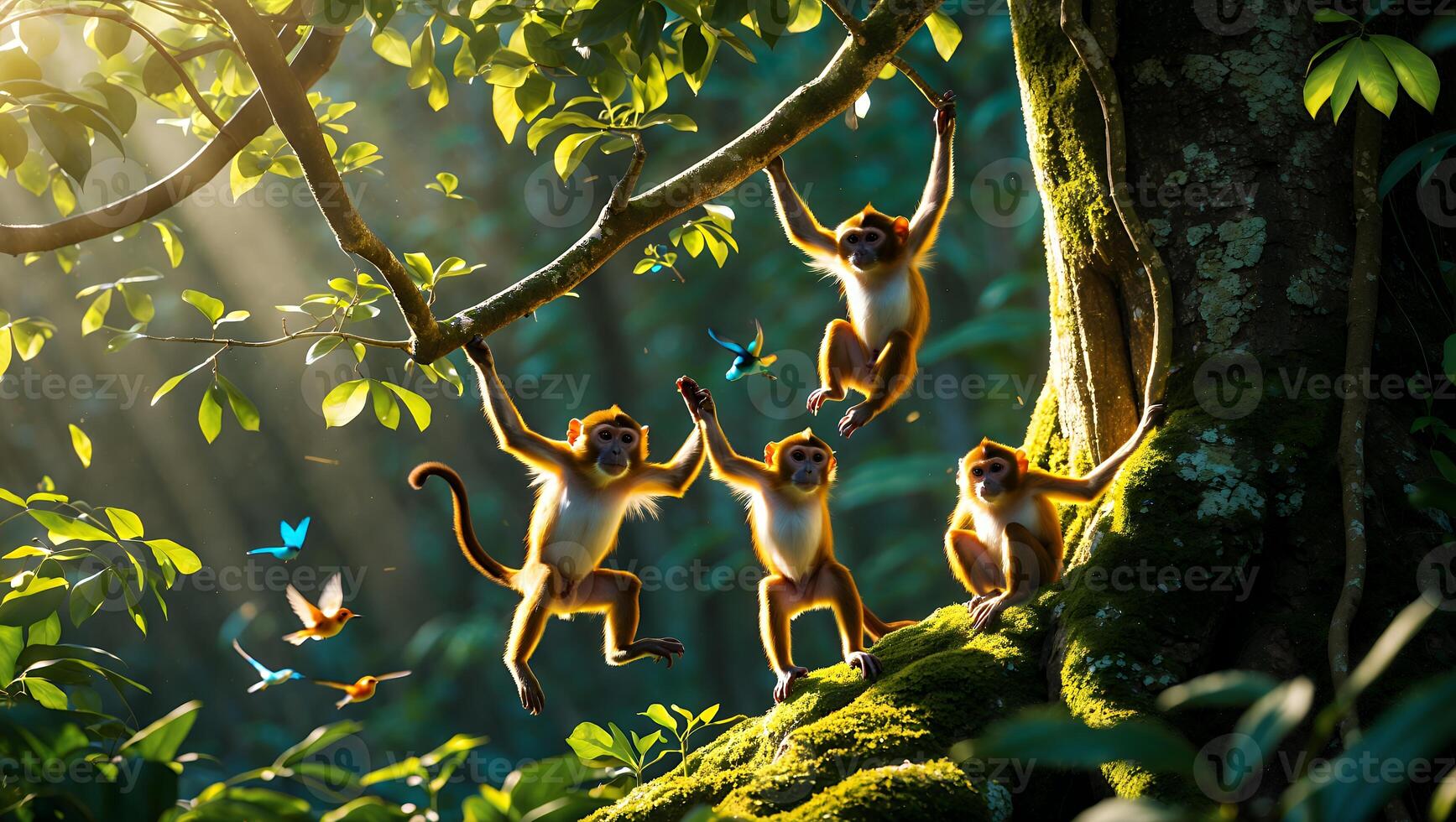 Monkeys Playing and Interacting in a Lush Jungle Environment with Birds photo