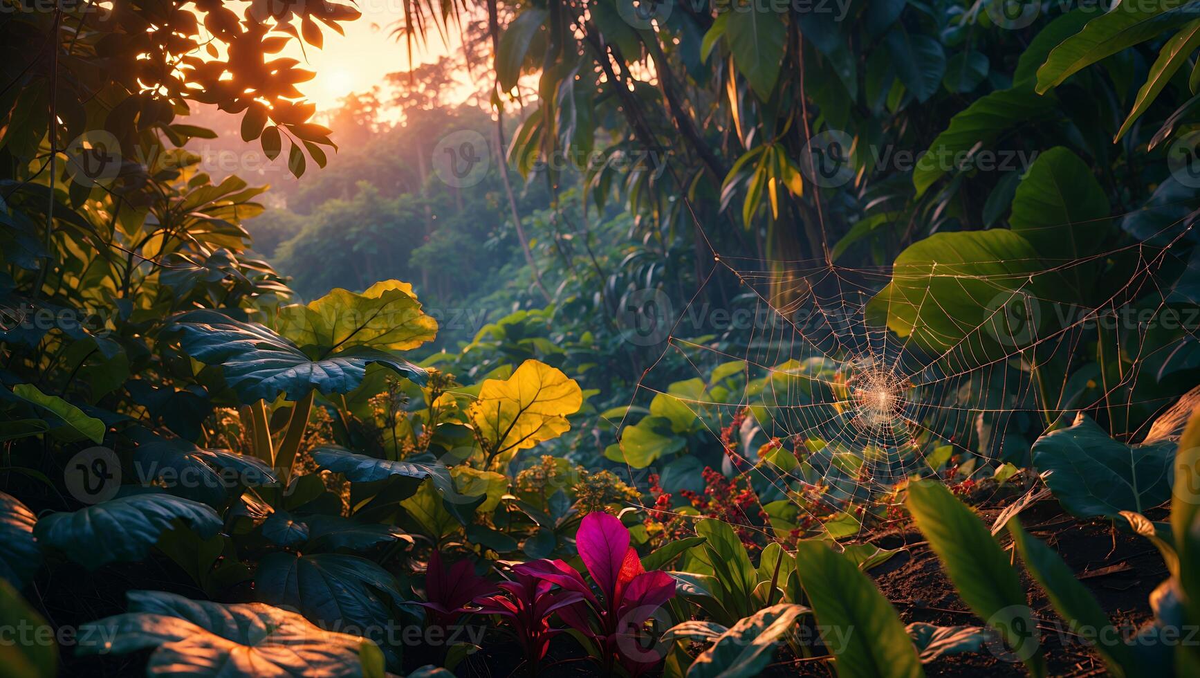 Lush Jungle Foliage at Sunset with Spiderweb and Vibrant Greenery photo