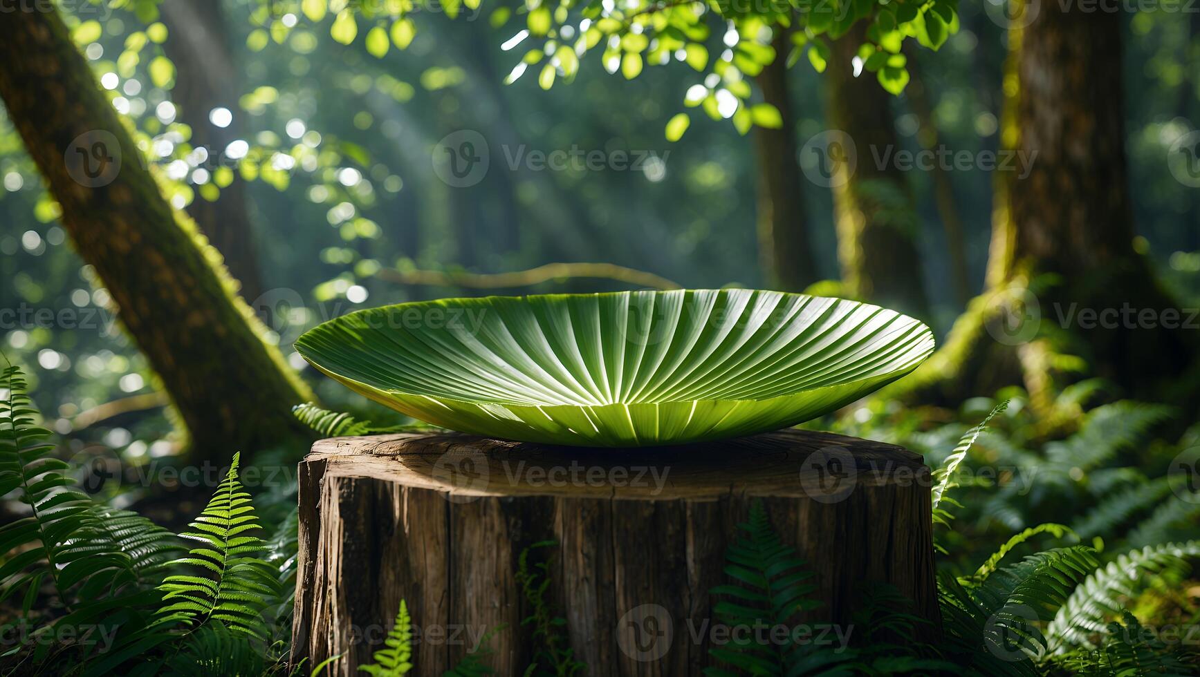 Green Plate Displayed on Wood Stump in Lush Forest Setting photo