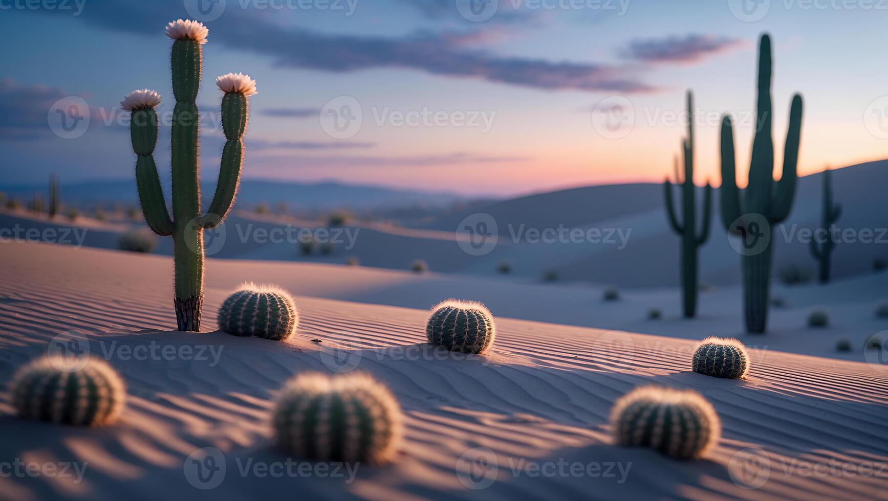 Cactus in Desert at Sunset Landscape with Sand Dunes and Sky photo