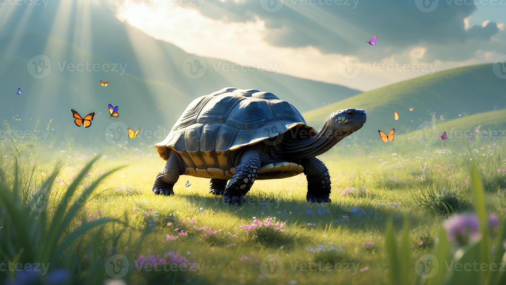 Walking Turtle in Idyllic Meadow with Wildflowers and Butterflies Around photo