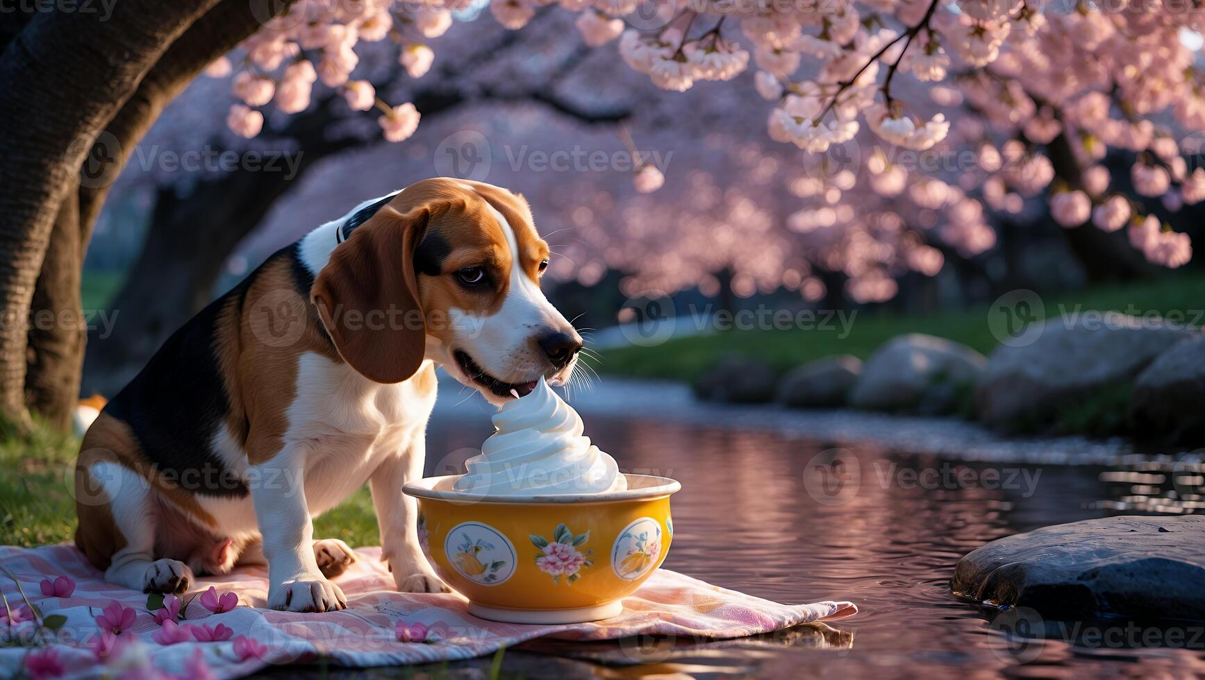 Dog Eating Ice Cream Under Cherry Blossoms by a Calm Stream photo