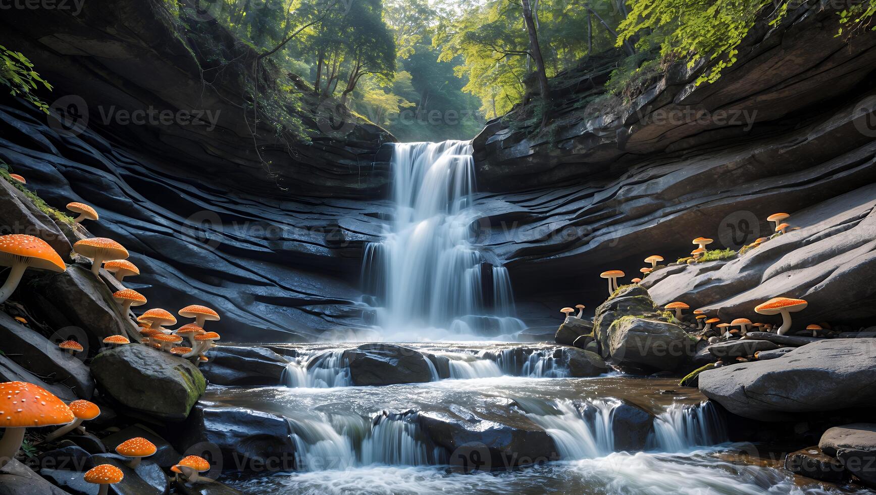Waterfall Flowing Through Rocky Landscape with Orange Mushrooms photo