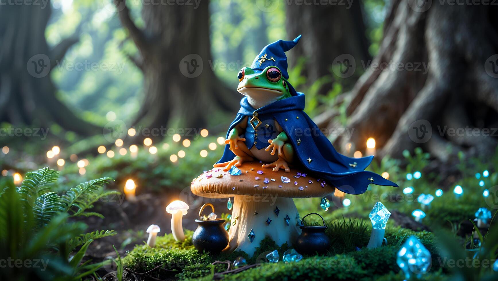 Frog Wizard Sitting on Mushroom in Enchanted Forest Scene photo