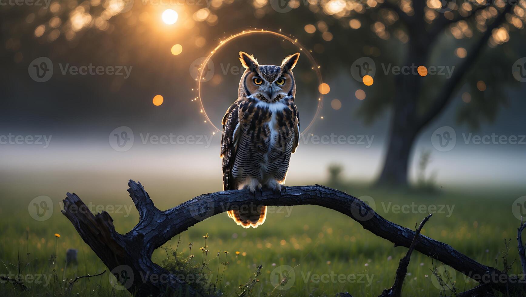 Owl Resting on Branch Glowing Under Sunrise in Misty Field photo