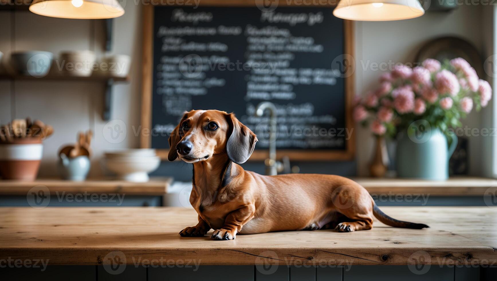 Dachshund Resting on Kitchen Countertop in Cozy Home Setting photo