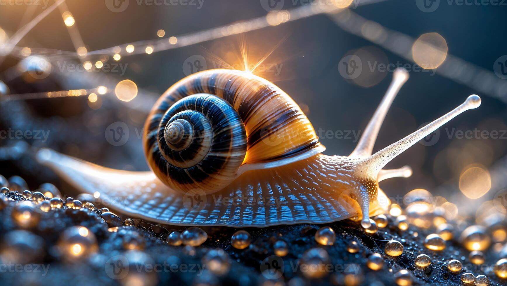 Snail Crawling on Wet Surface with Glowing Lights Macro Shot photo