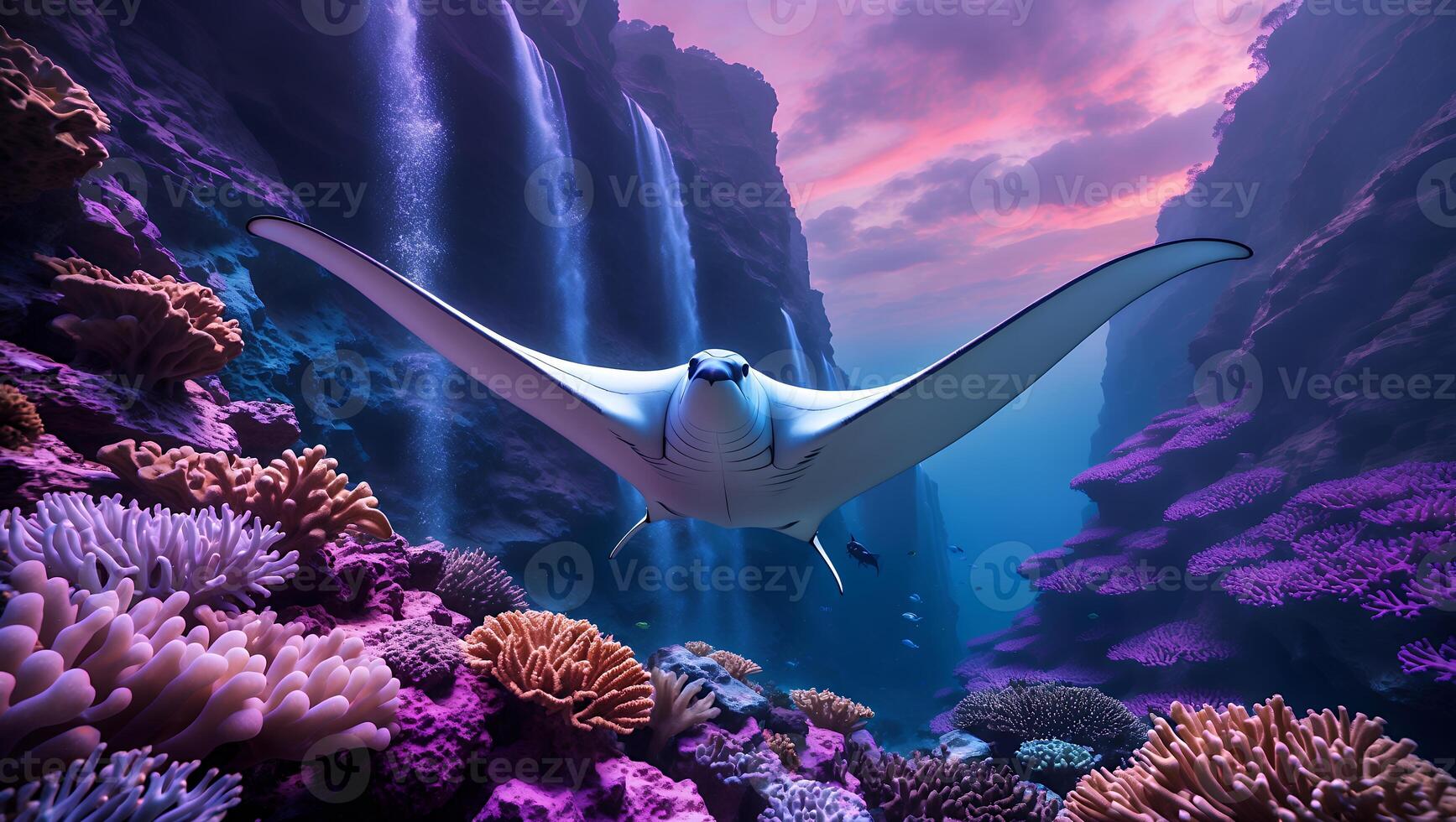 Manta Ray Gliding Through Coral Reef with Underwater Waterfalls photo