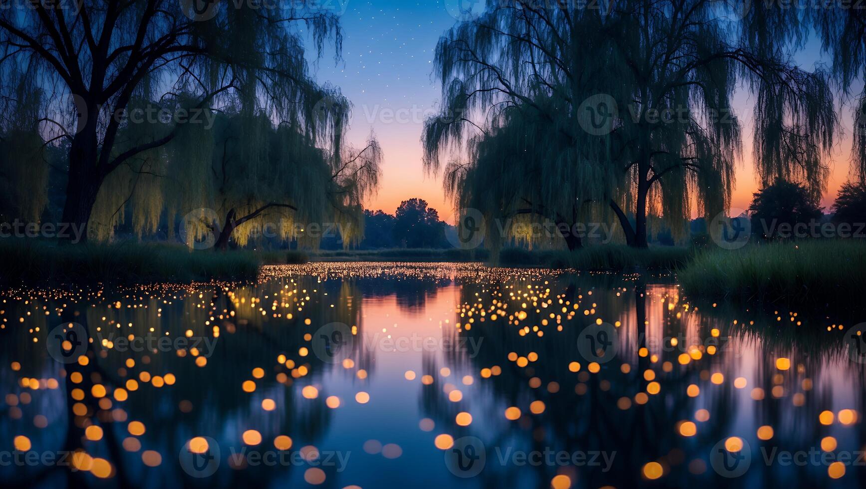 Peaceful Pond Reflection with Weeping Willows and Golden Glowing Lights photo