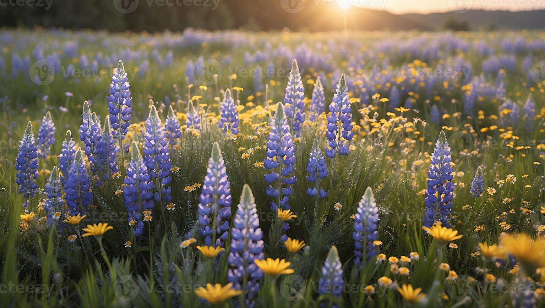 Lupine Flowers Blooming in Meadow at Sunset with Golden Light photo