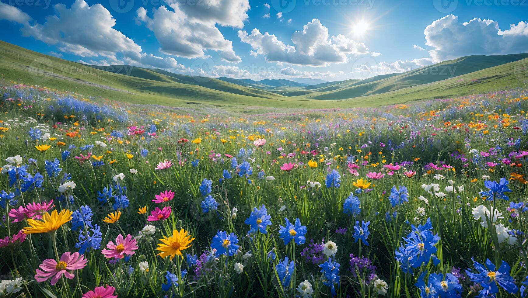 Wildflower Meadow Blooming in Sunny Green Hills with Blue Sky photo
