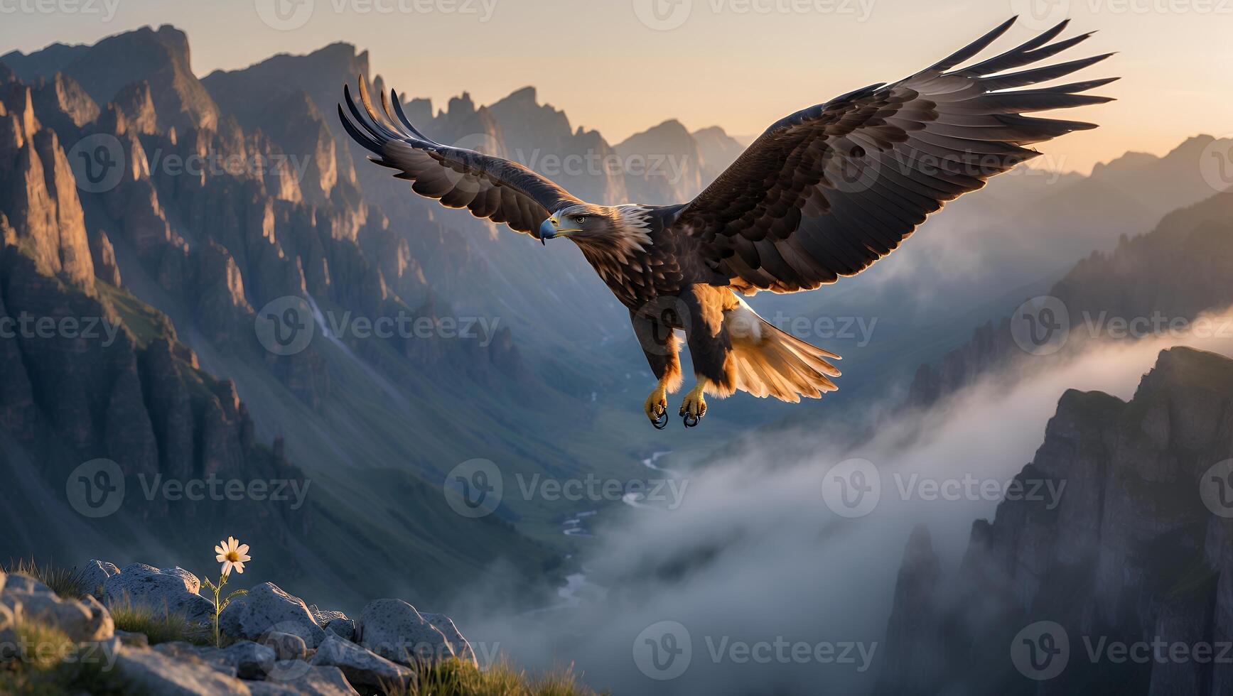 Eagle Soaring Majestically Over Mountain Landscape with Morning Fog and Sunlight photo