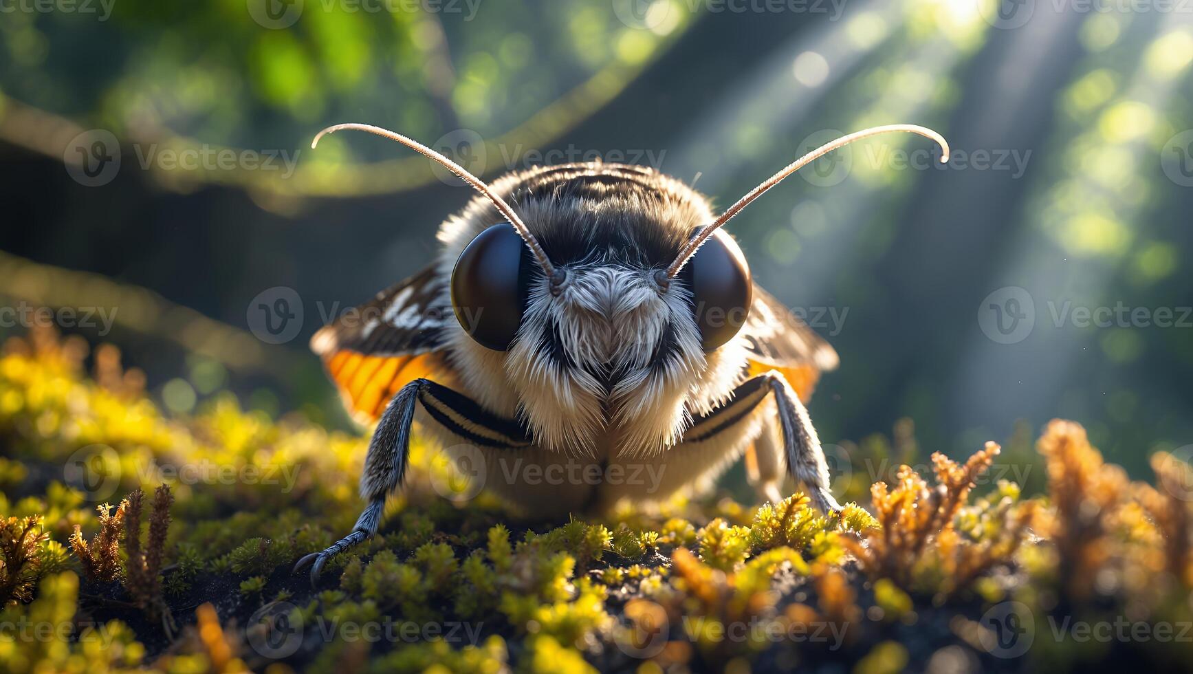 Butterfly Resting on Moss in Forest with Light Shining Through Trees photo