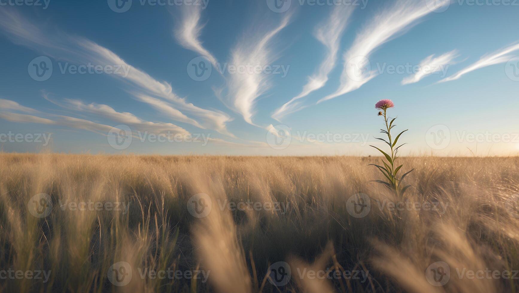 Flower Standing in Field of Grass Under Beautiful Blue Sky photo