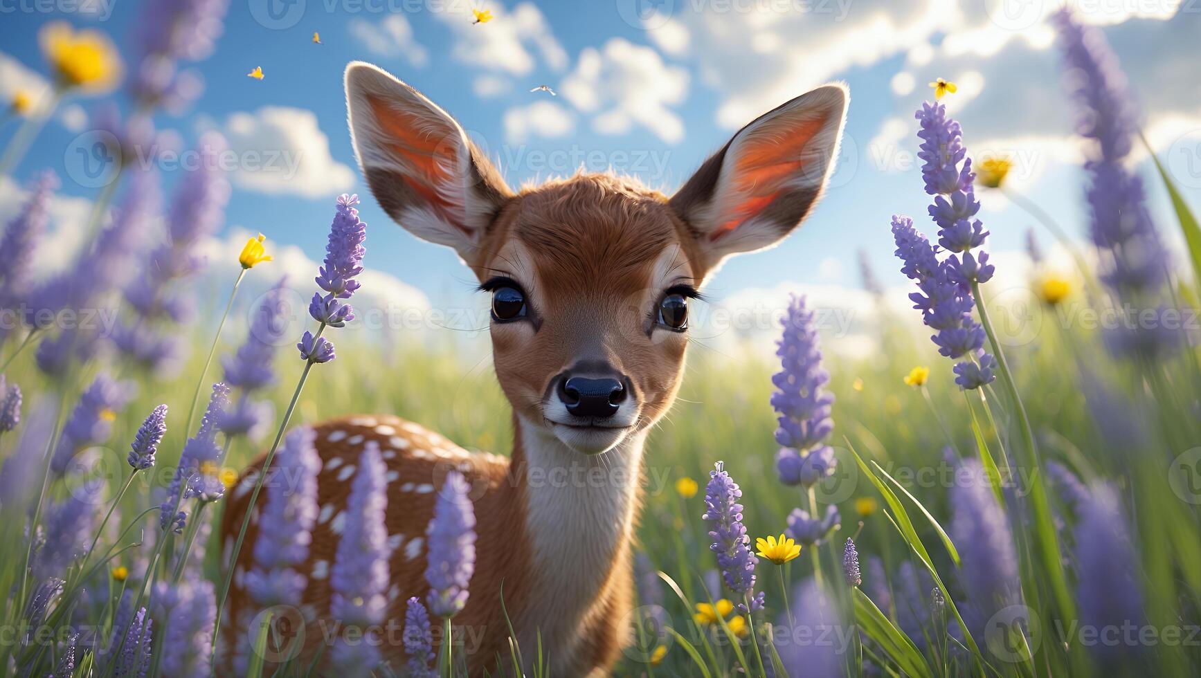 Fawn Standing in a Lavender Field Under a Bright Sky photo