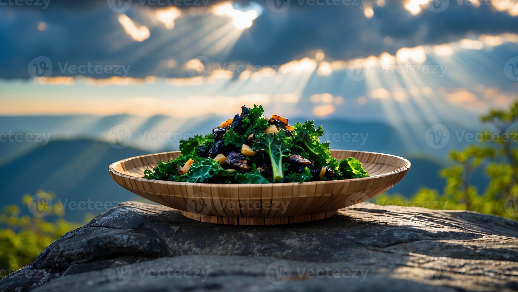 Serving Fresh Kale Salad on Rock Overlooking Mountain Sunset photo