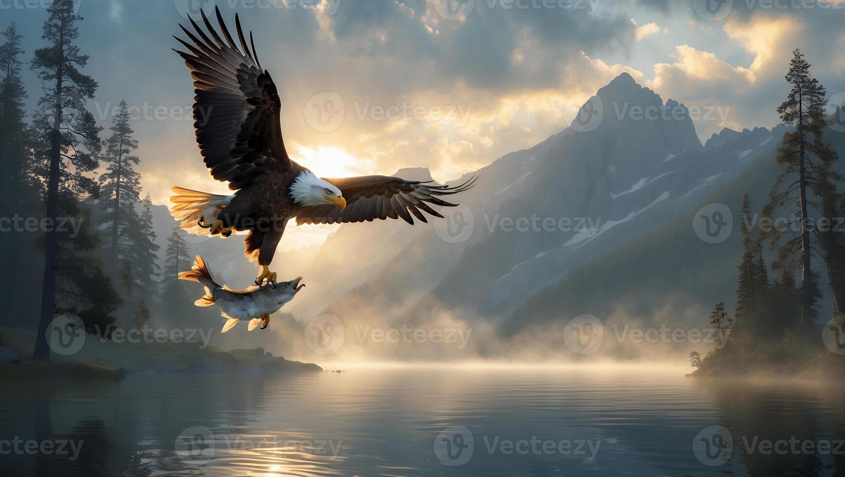 Bald Eagle Flying with Fish Over Misty Lake at Sunrise photo