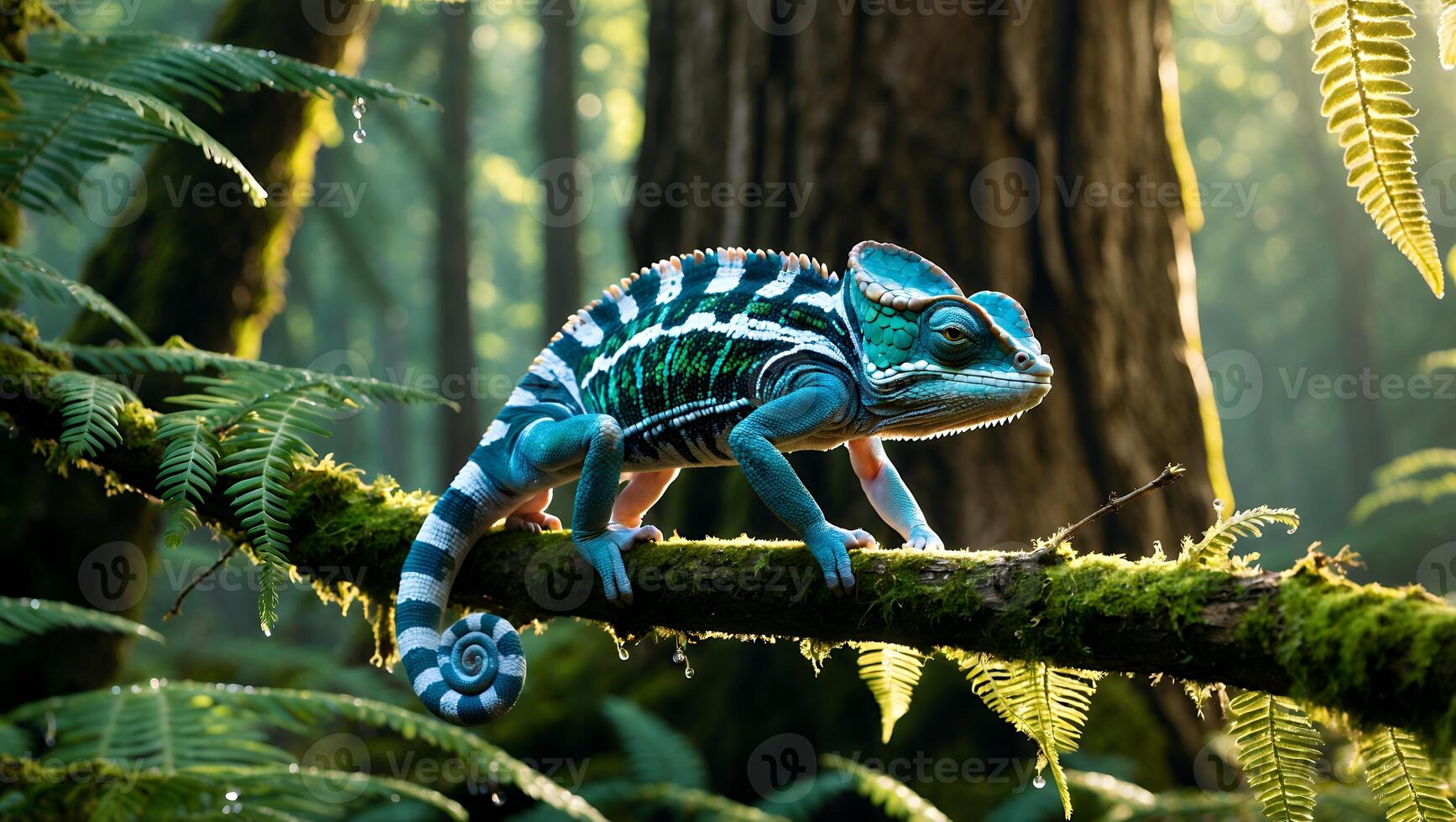 Chameleon Walking on Branch in Forest with Sunlight Glimmering Through photo