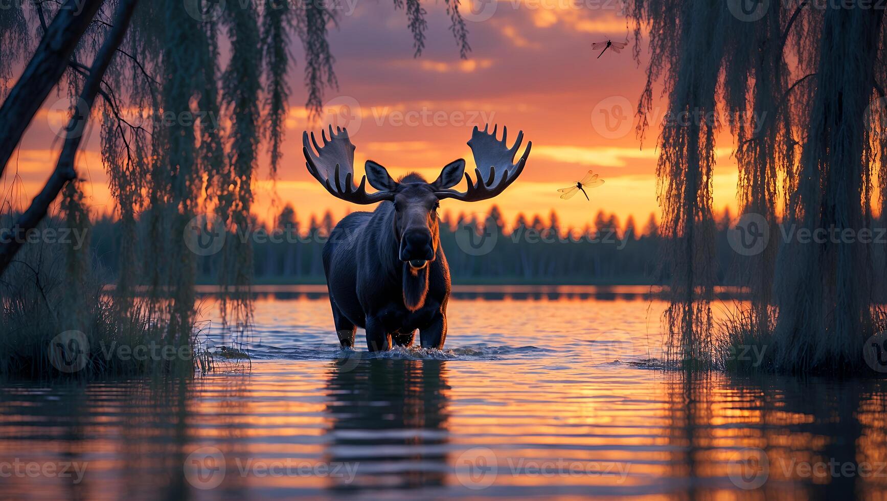 Moose Walking in Water at Sunset with Dragonflies Flying Above photo