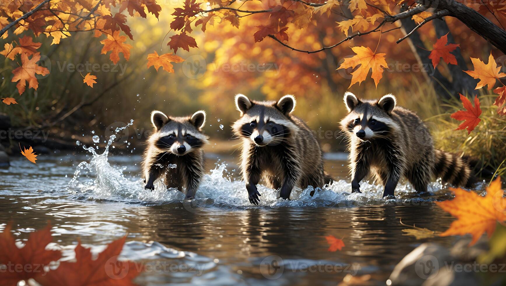 Raccoons Wading Through Shallow Stream During Autumn with Falling Leaves photo