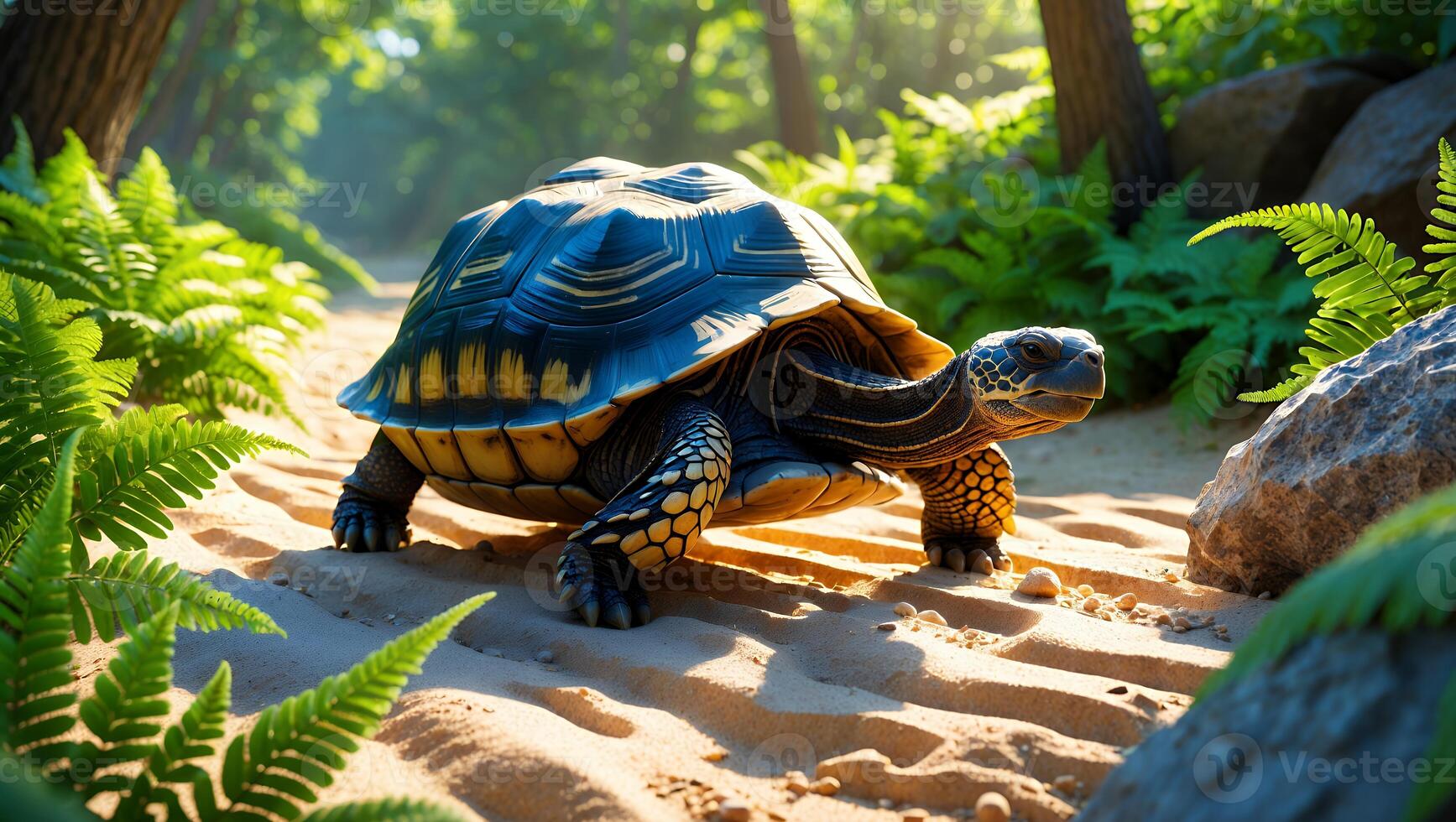 Turtle Walking on Sandy Path Surrounded by Forest Ferns and Rocks photo