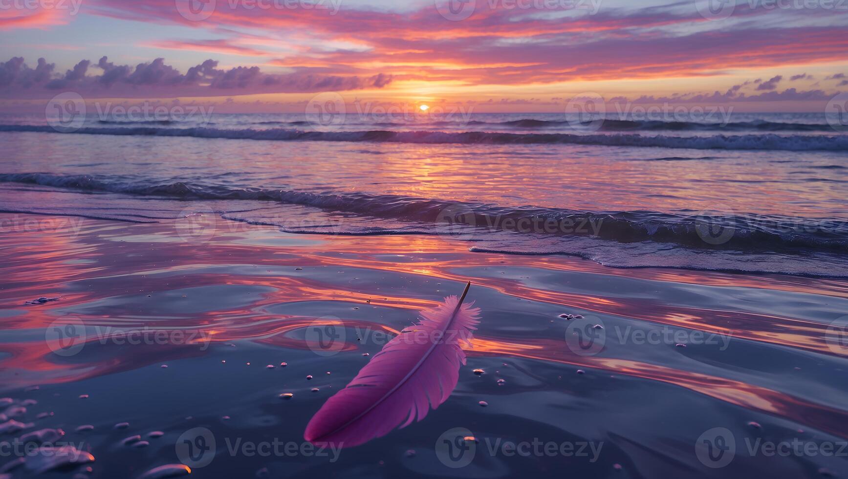 Feather Floating on Beach Water at Sunset Reflecting Colorful Sky photo