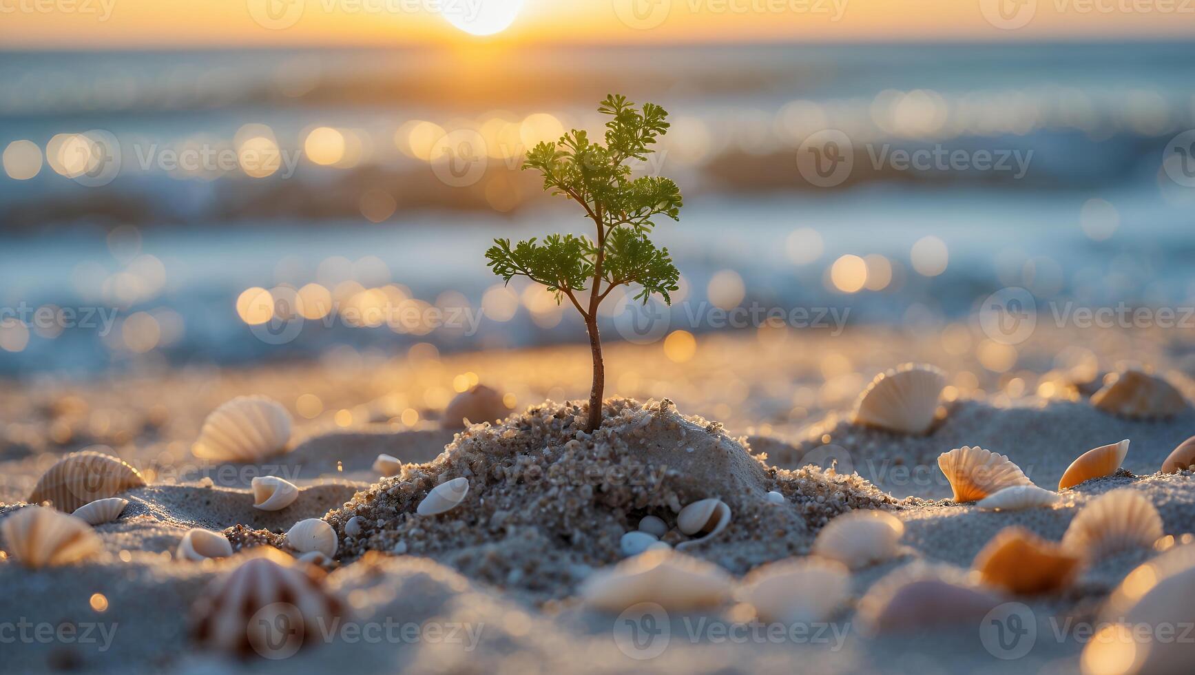 Small Tree Growing on Sandy Beach with Seashells at Sunset photo