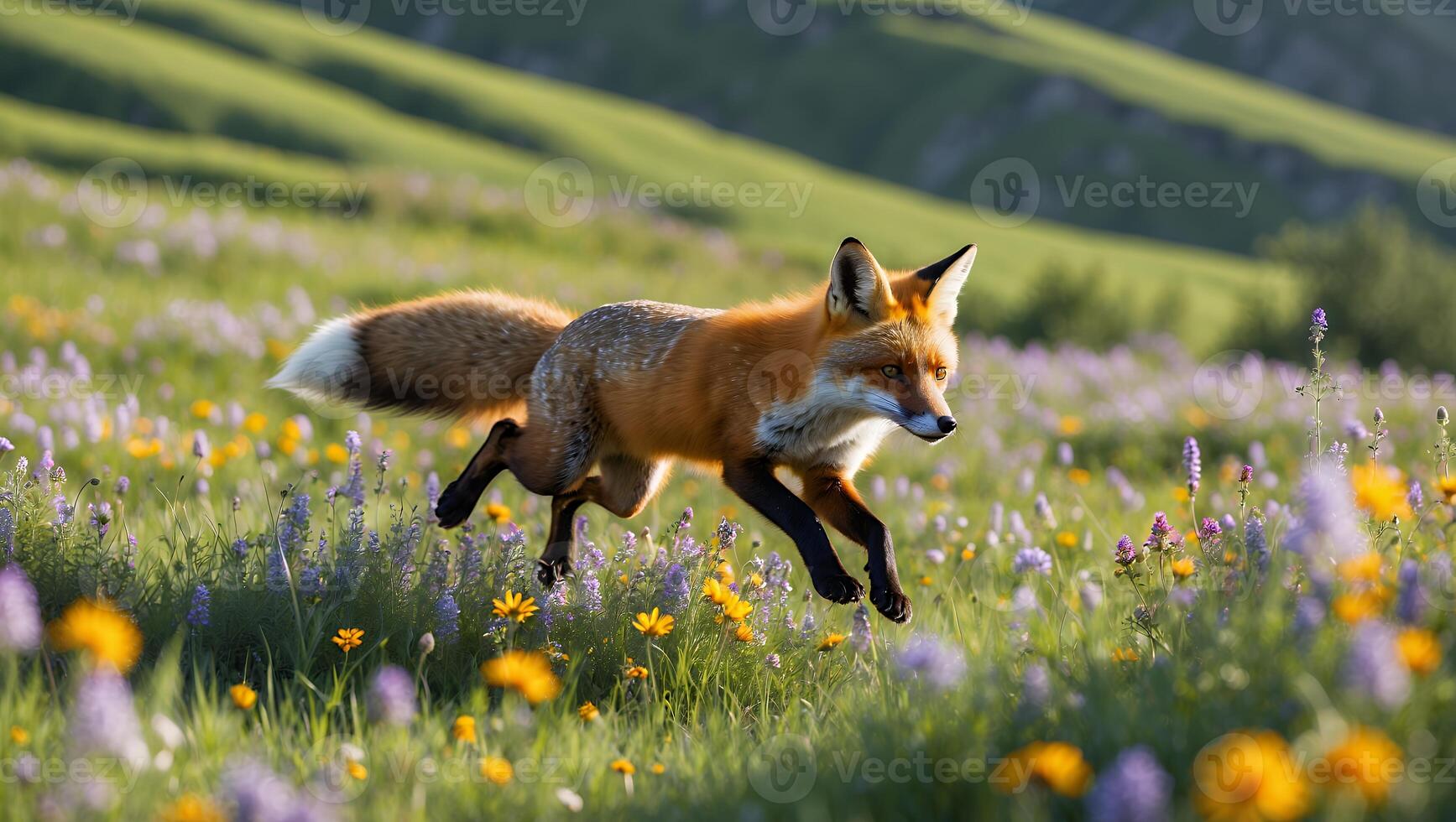 Fox Running Through a Flower Meadow with Green Hills Backdrop photo