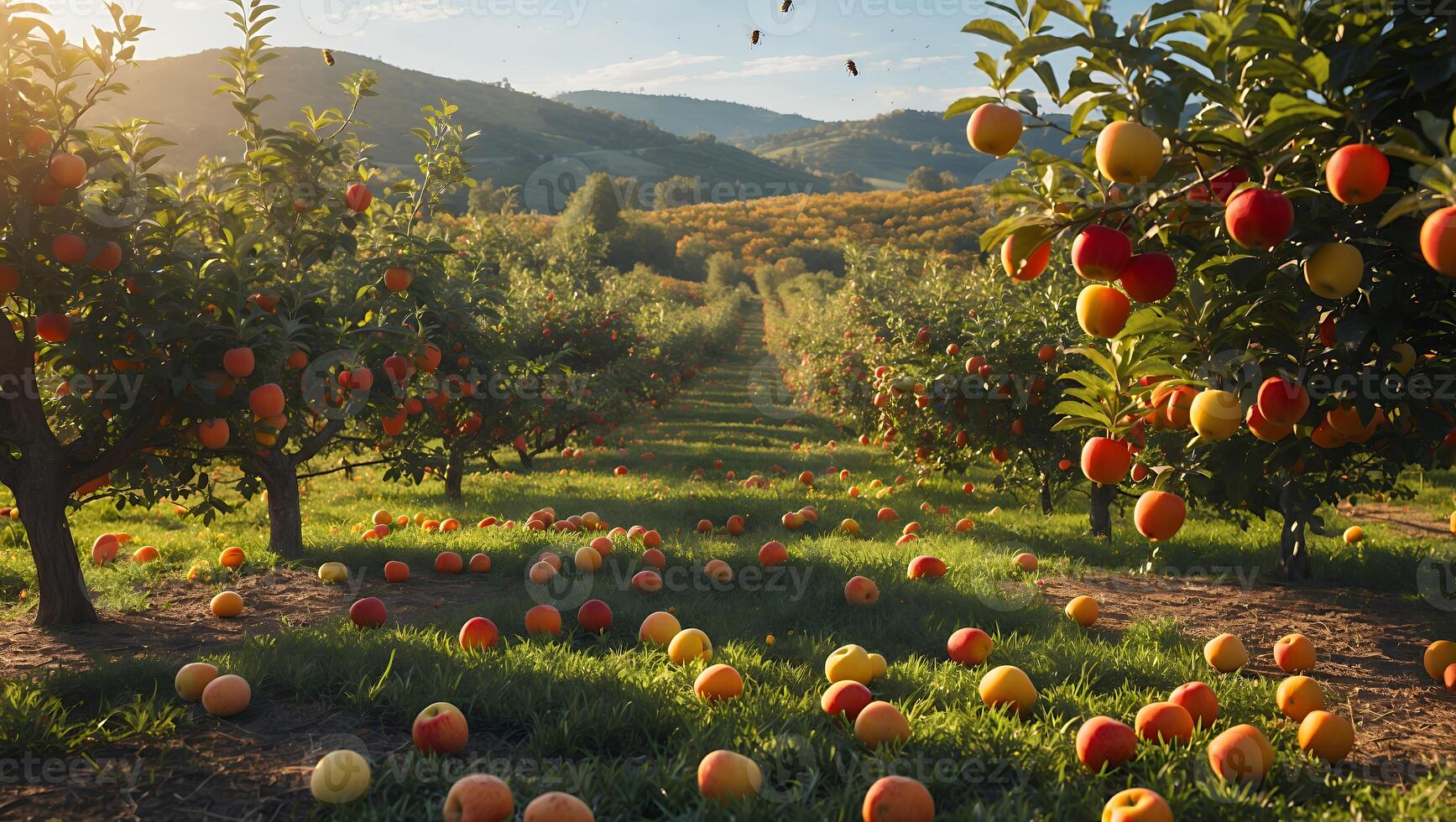 Apple Orchard with Ripe Fruits Scattered on Grass During Sunny Day photo