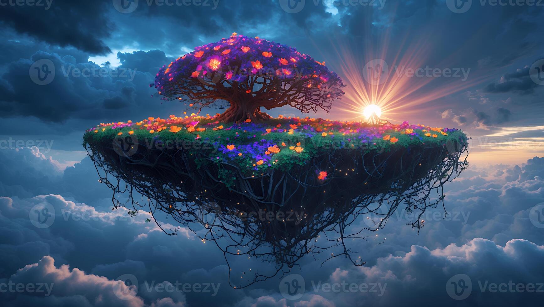 Floating Island with Blossoming Tree Above Clouds at Sunset photo