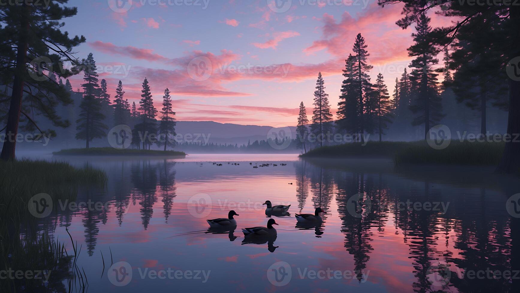 Ducks Swim Lake at Dawn with Forest Reflection and Pink Sky photo