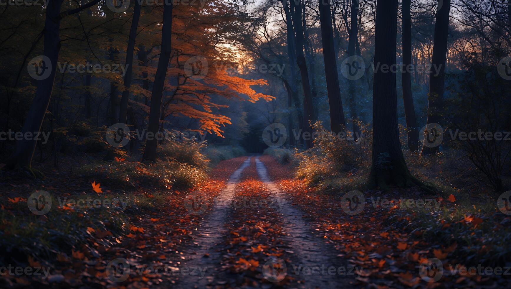 Pathway Through Forest with Autumn Leaves and Sunlight at Sunset photo