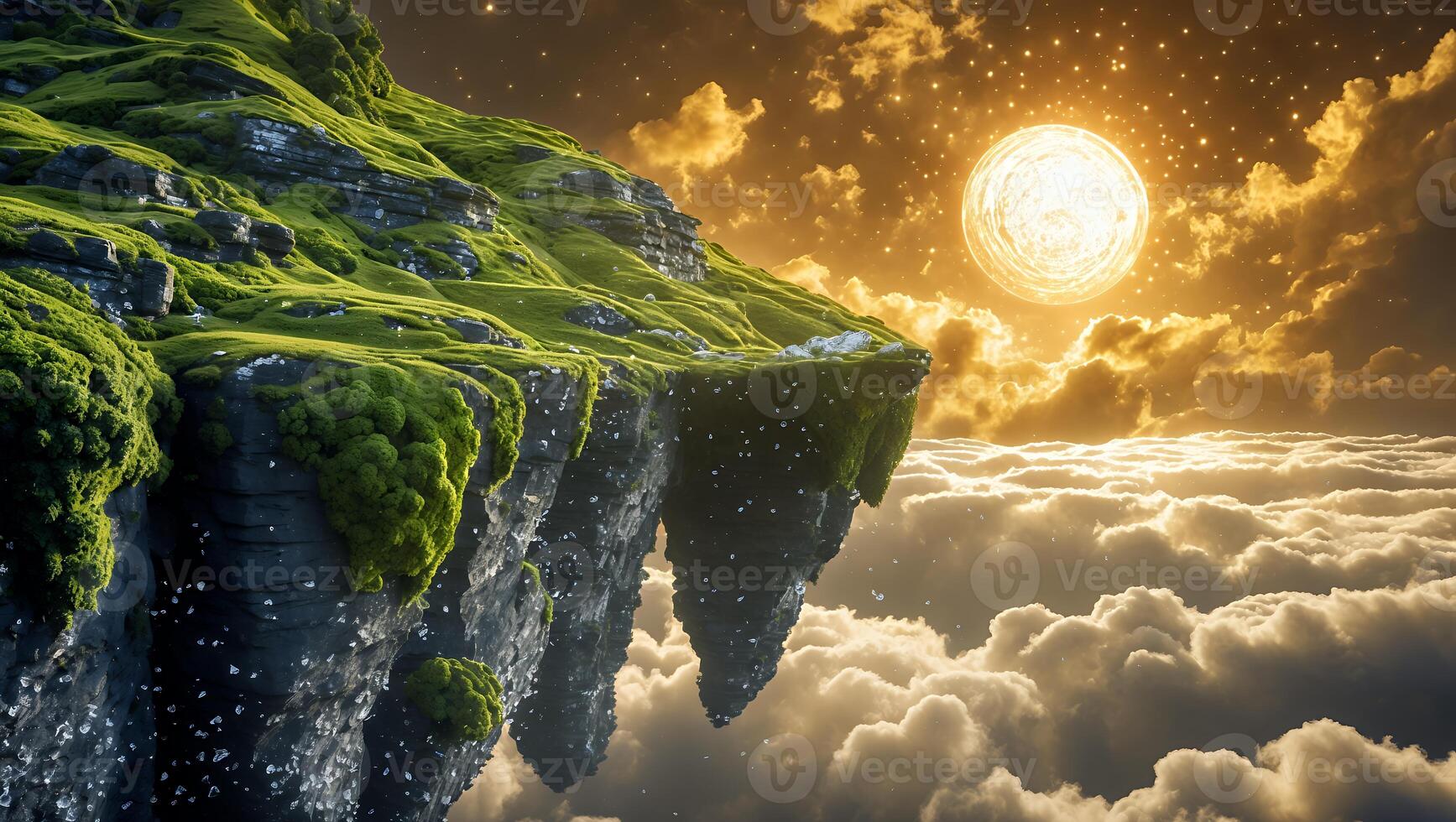Floating Island Above Clouds with Celestial Sun and Starry Sky photo