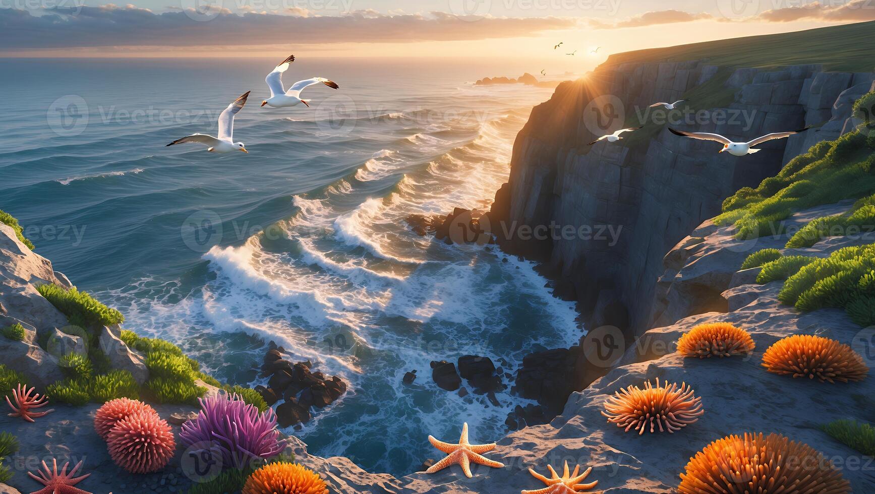 Ocean Cliff View at Sunset with Birds Flying Over Waves photo